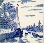 Blauw/witte tegel met boot en huisjes